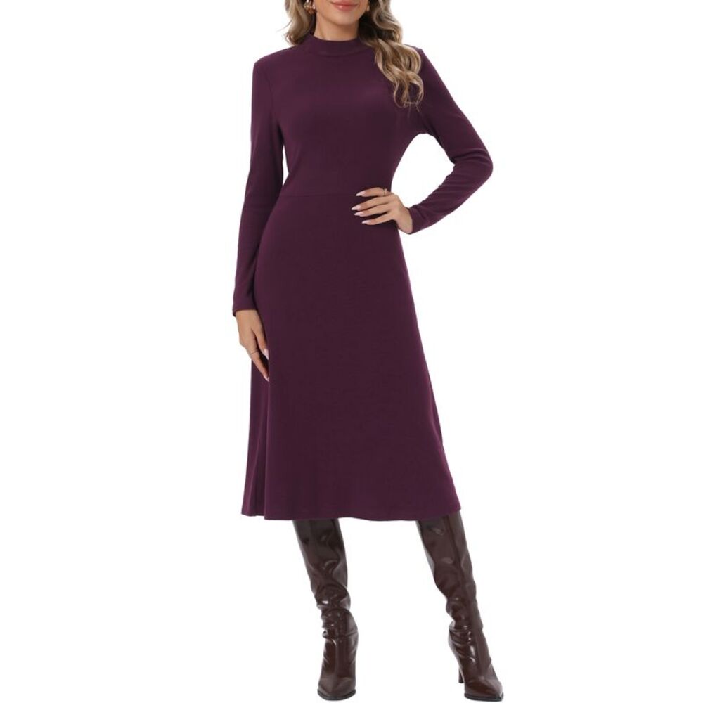 Womens Mock Neck Long Sleeve Ribbed Knit Midi Sweater Dress Burgundy